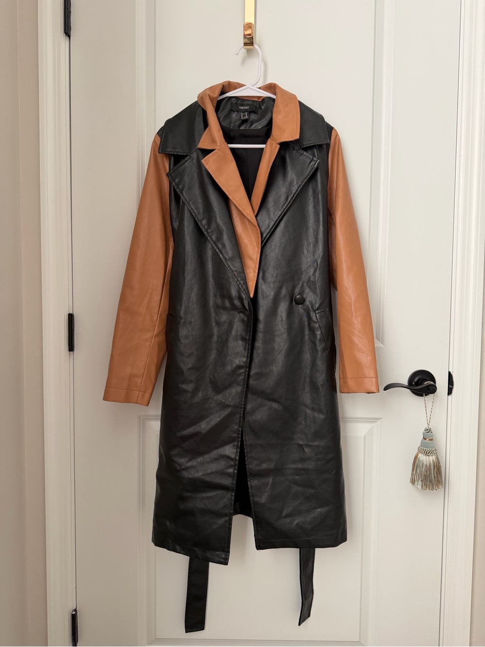 Forever 21 • Two-Tone Black and Tan Faux Leather Trench Coat
